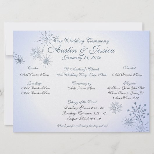 Snowflake Ice Blue Wedding Programme Kaart (Voorkant)
