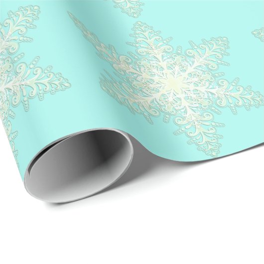 Snowflake ijskant winterwit en blauwgroen elegant cadeaupapier (Rol Hoek)