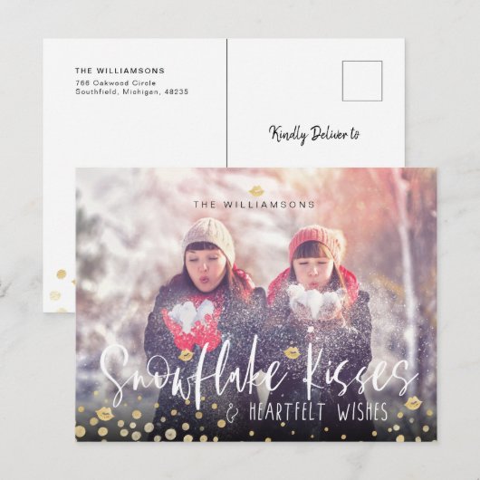 Snowflake Kisses & Heartfelt Wishes | Foto van de  Feestdagenkaart (Voorkant / Achterkant)