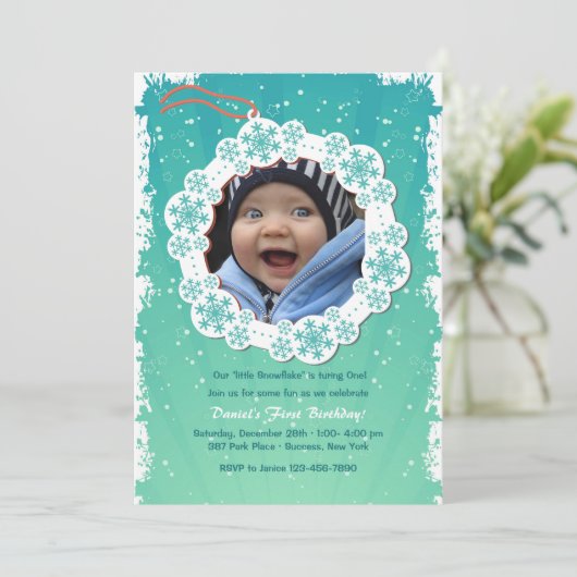 Snowflake Label Fotouitnodiging Kaart (Staand voorkant)