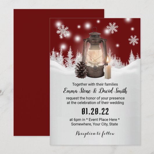 Snowflake & Lantern Red Winter Weduwen Kaart (Voorkant / Achterkant)