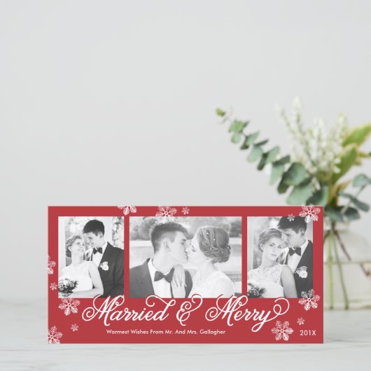 Snowflake Married en Merry 3-Photo Holiday Kaart (Staand voorkant)