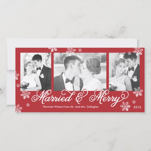 Snowflake Married en Merry 3-Photo Holiday Kaart (Voorkant)