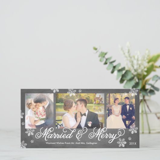 Snowflake Married en Merry 3-Photo Holiday Kaart (Staand voorkant)