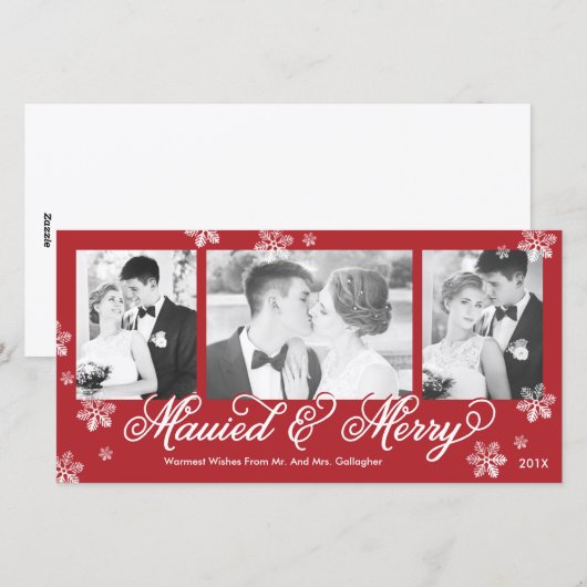 Snowflake Mauied & Merry 3-Foto Vakantie Kaart (Voorkant / Achterkant)