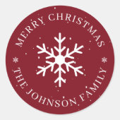 Snowflake Merry Christmas Winter Holiday Dark Red Ronde Sticker (Voorkant)