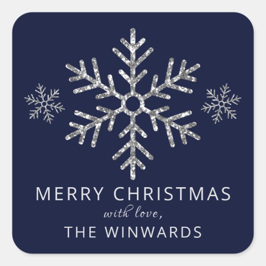 Snowflake met feestdag Blue en Silver Glitter Vierkante Sticker (Voorkant)