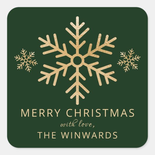 Snowflake met feestdag, groen en goudkoorts vierkante sticker (Voorkant)
