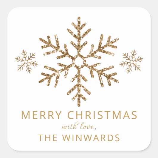 Snowflake met feestdag White en Gold Glitter Vierkante Sticker (Voorkant)