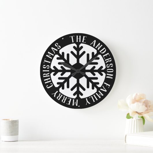 Snowflake Modern Black and White Kerstmis Grote Klok (Huis)