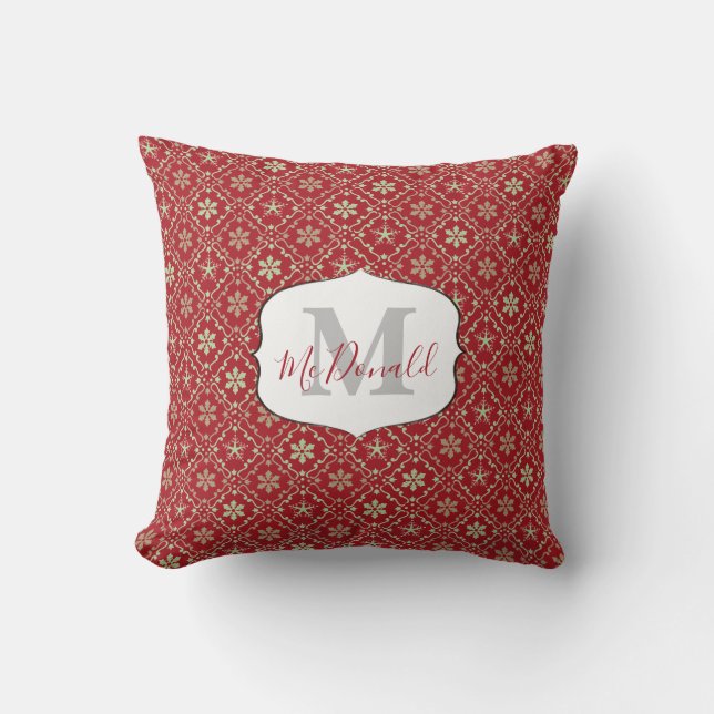 Snowflake Monogram Elegant Red Persoonlijke rendy Kussen (Voorkant)