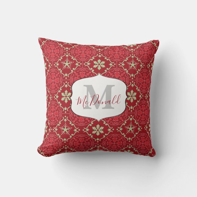 Snowflake Monogram Elegant Red Winter Gepersonalis Kussen (Voorkant)