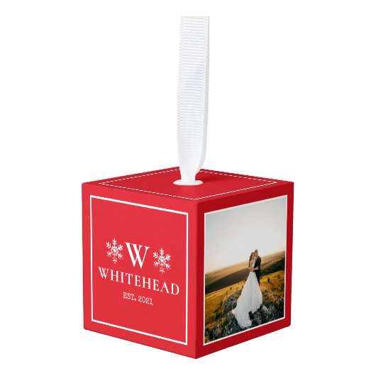 Snowflake Monogram Rustic Foto rood Decoratie (Voorkant hoekig)