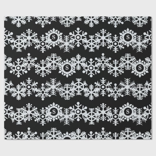 Snowflake Monogram Zwart Kerst Wrapping Papier (Vlak)