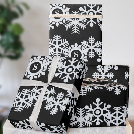 Snowflake Monogram Zwart Kerst Wrapping Papier