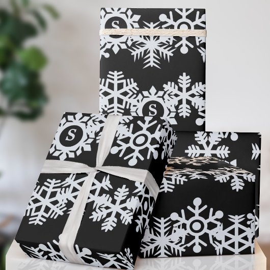 Snowflake Monogram Zwart Kerst Wrapping Papier