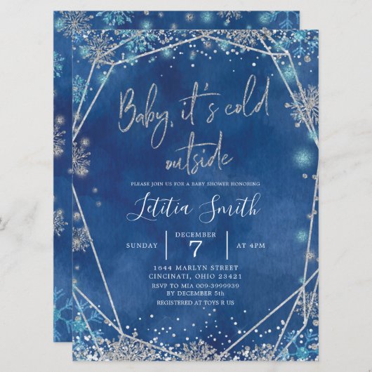 Snowflake Navy Blue en Silver Winter Baby shower Kaart (Voorkant / Achterkant)