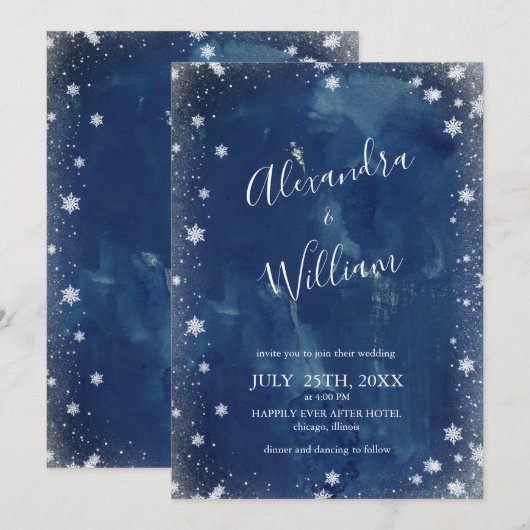 Snowflake Navy Blue Waterverf Winter Weddenschap Kaart (Voorkant / Achterkant)