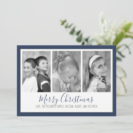Snowflake Navy kerstfotokaart Multi-Photo Feestdagenkaart (Staand voorkant)