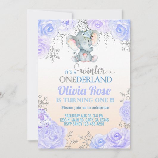 Snowflake olifant meisje 1 verjaardag uitnodiging. kaart (Voorkant)