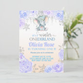 Snowflake olifant meisje 1 verjaardag uitnodiging. kaart (Staand voorkant)