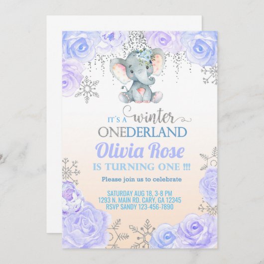 Snowflake olifant meisje 1 verjaardag uitnodiging. kaart (Voorkant / Achterkant)