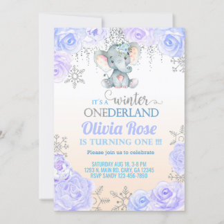 Snowflake olifant meisje 1 verjaardag uitnodiging. kaart