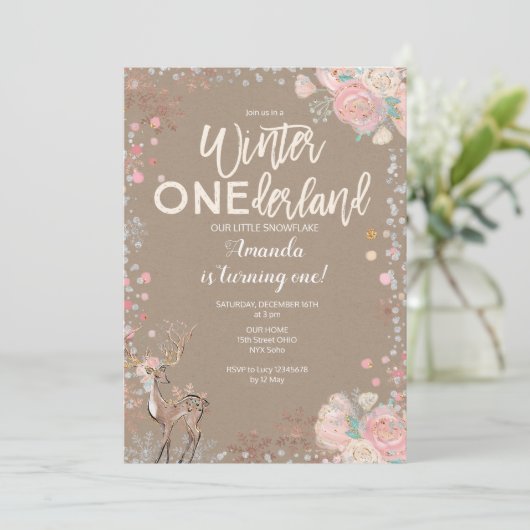 Snowflake ONEderland 1e verjaardag uitnodiging her (Staand voorkant)