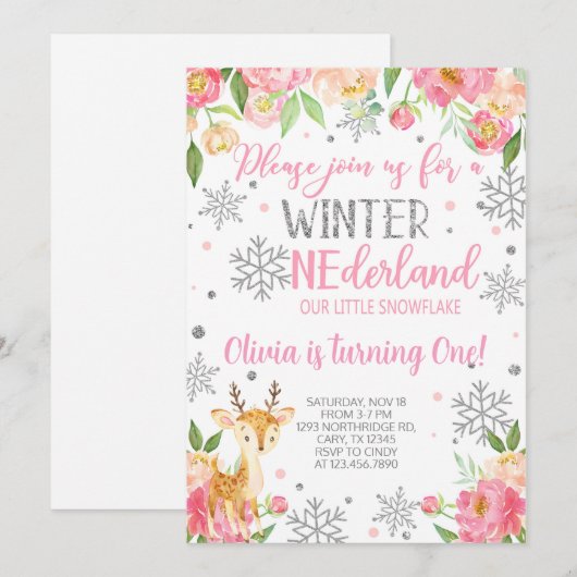 Snowflake Onederland meisje verjaardagsuitnodiging Kaart (Voorkant / Achterkant)