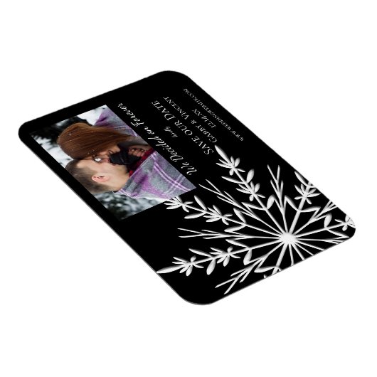 Snowflake op Black Winter Wedding Save the Date Magneet (Rechterzijde)