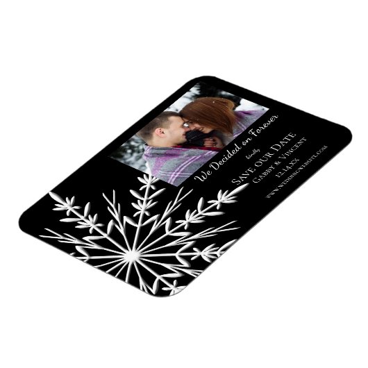 Snowflake op Black Winter Wedding Save the Date Magneet (Linkerzijde)