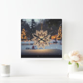 Snowflake Ornament Winter Wall Clock Vierkante Klok (Huis)