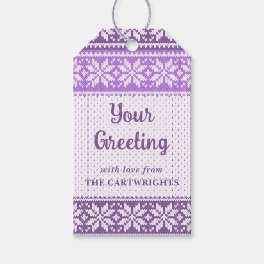 Snowflake Paarse Nordic Knit die uw groet overhaal Cadeaulabel (Voorkant)