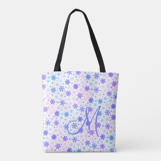 Snowflake Pastel Pink and Blue Elegant Monogrammen Tote Bag (Achterkant)