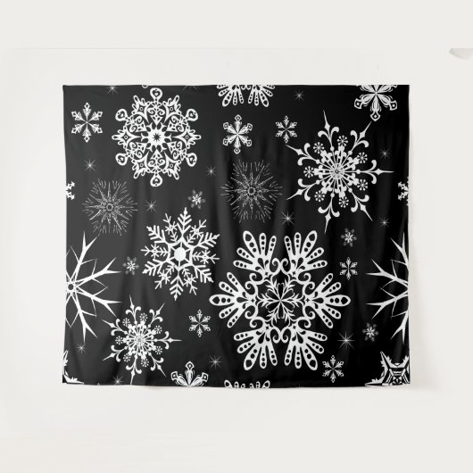 Snowflake patroon kerstachtergrond zwart wit wandkleed (Voorkant (horizontaal))