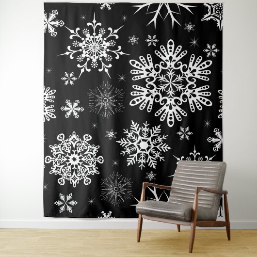 Snowflake patroon kerstachtergrond zwart wit wandkleed (In situ)