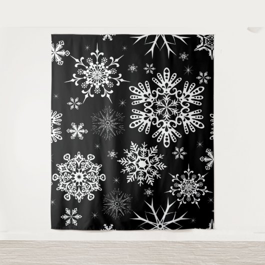 Snowflake patroon kerstachtergrond zwart wit wandkleed (Voorkant)
