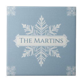 Snowflake pattern blue & white holiday custom name tegeltje