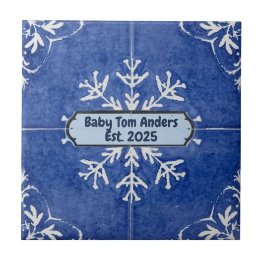 Snowflake pattern blue & white holiday custom name tegeltje (Voorkant)