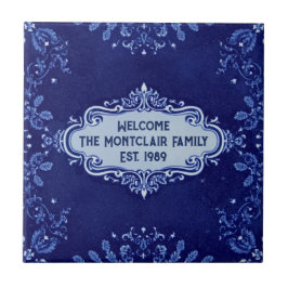 Snowflake pattern blue & white holiday custom name tegeltje