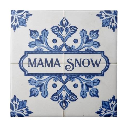 Snowflake pattern blue & white holiday custom name tegeltje (Voorkant)