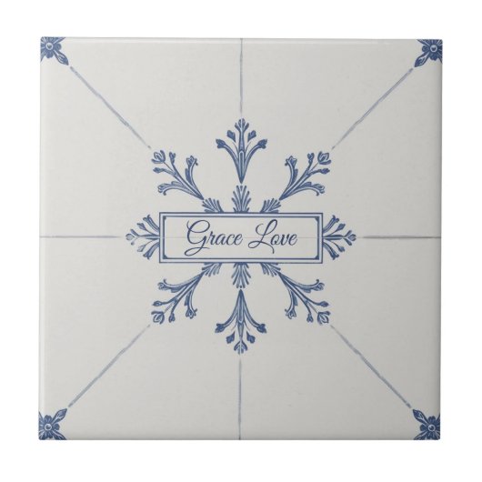 Snowflake pattern blue & white holiday custom name tegeltje (Voorkant)