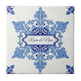 Snowflake pattern blue & white holiday custom name tegeltje