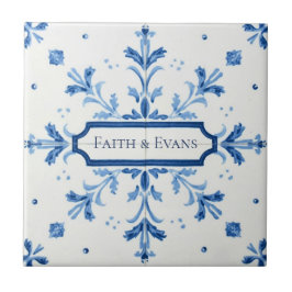 Snowflake pattern blue & white holiday custom name tegeltje