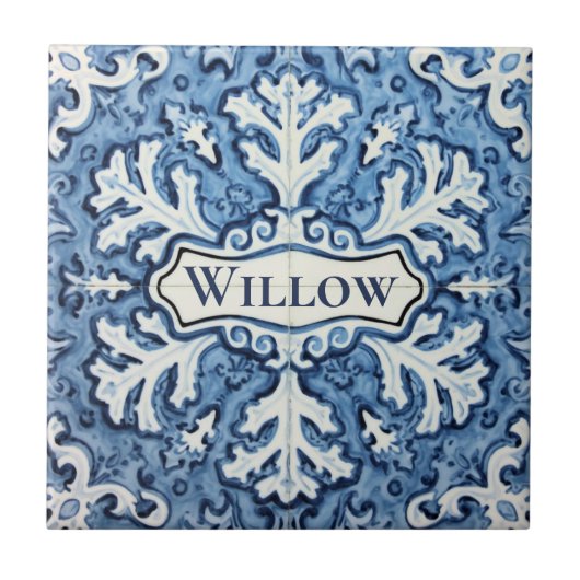 Snowflake pattern blue & white holiday custom name tegeltje (Voorkant)