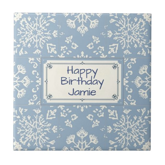 Snowflake pattern blue & white holiday custom name tegeltje (Voorkant)