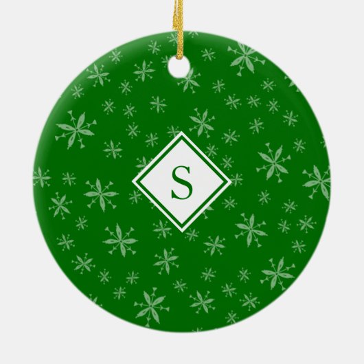 Snowflake Pattern Monogrammed Green Kerstmis Keramisch Ornament (Achterkant)
