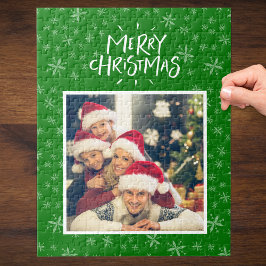 Snowflake Pattern on Green Merry-kerstfoto Legpuzzel