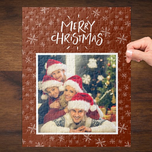 Snowflake Pattern on Red Merry Kerstfoto Jig Legpuzzel