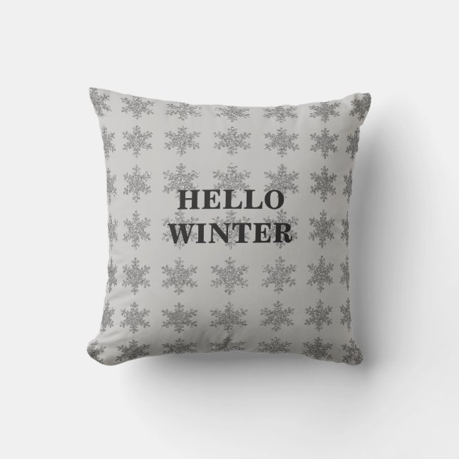 Snowflake Patterns Wintertypografie Sparkle Grey Buitenkussen (Voorkant)